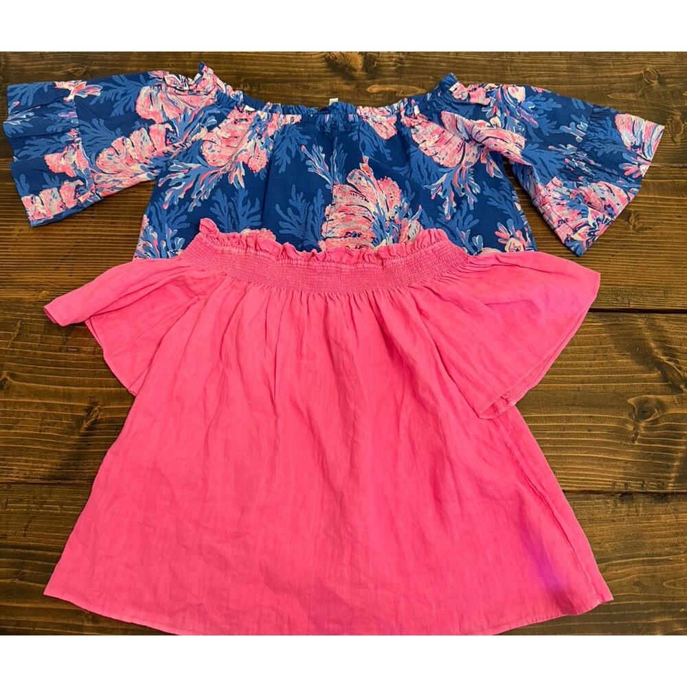 Lot of 2 Lilly Pulitzer M Cotton Off Shoulder Tops- Pink & Blue